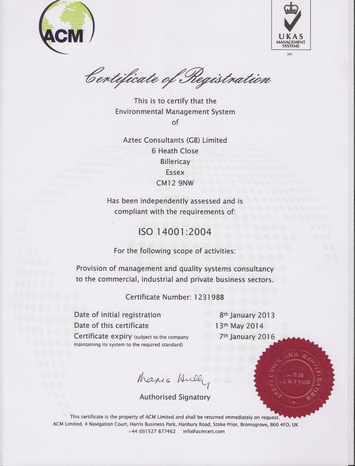 Aztec Consultants Ltd is accredited to ISO14001