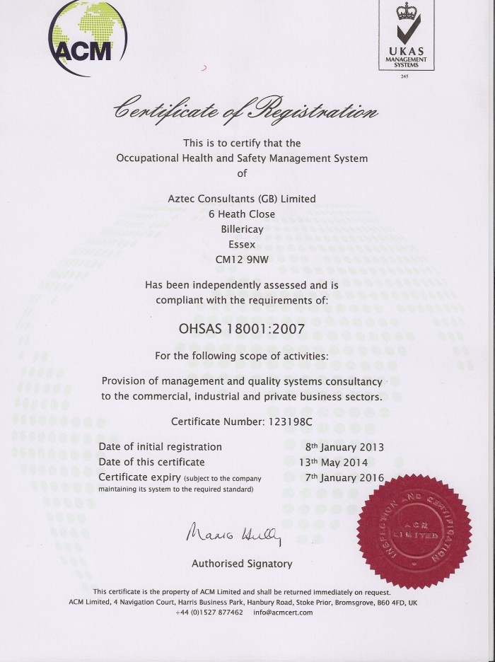 Aztec Consultants Ltd is accredited to ISO18001